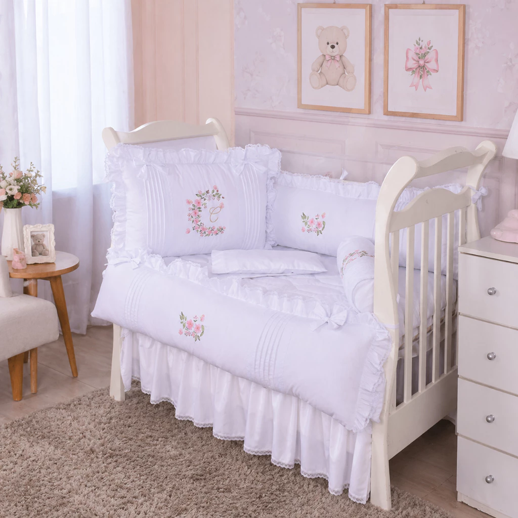 Kit Berço Personalizado Menina Cecília Branco/Floral - 08 Peças — imagem 1