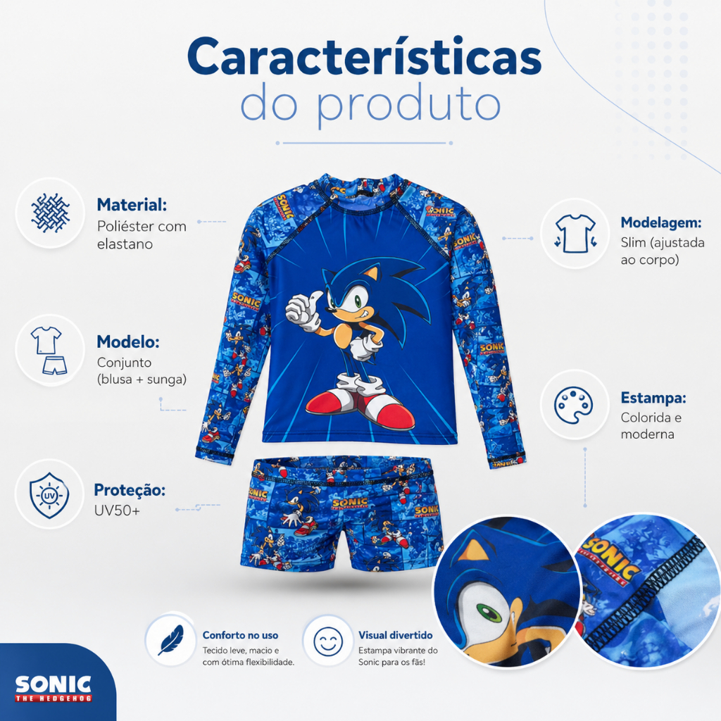 Detalhes do Conjunto manga longa proteção uv 50 blusa + sunga moda praia piscina biquini natação menino sonic