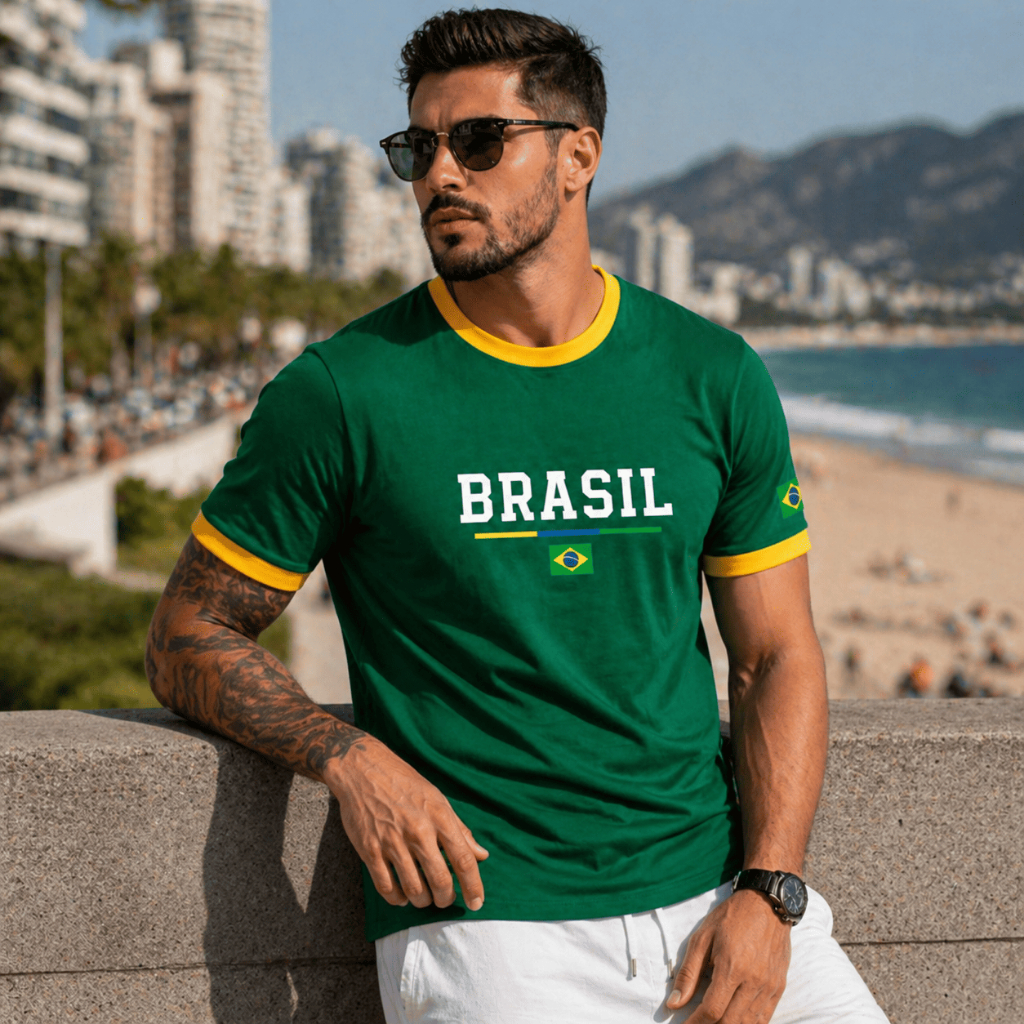 Camiseta Brasil Copa do Mundo Brasil Barra Masculina Streetwear Algodão 26.1