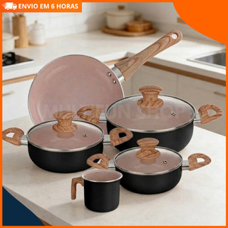 Jogo De Panelas Cerâmica 5 Peças Antiaderente Indução Cabos Toque Amadeirado Kit Cozinha …