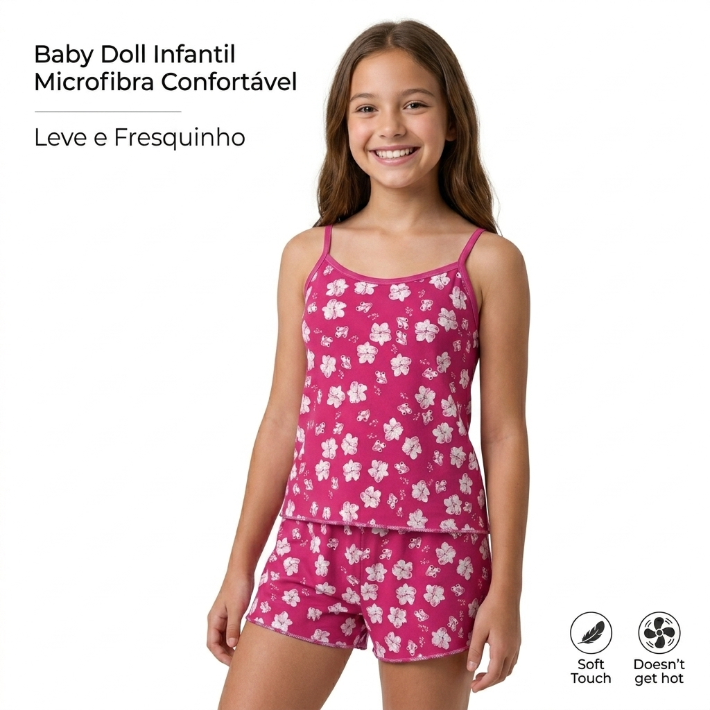 Pijama Baby Doll Infantil Feminino Estampado – Confortável, Leve e Fresquinho para Dormir