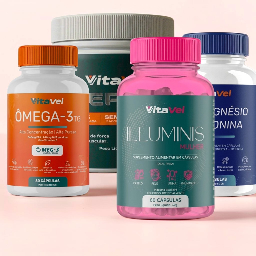 Kit Saúde Diária Feminina Creatina 300g + Multivitaminico Fem. + Omega 3 + TRI Magnésio