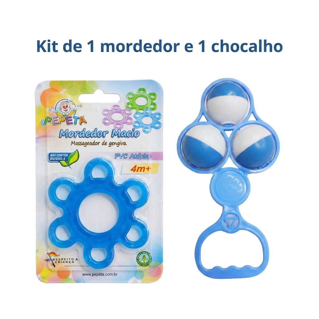 Kit Mordedor Chocalho Bebê Sensorial Silicone Macio BPA Free Pepeta Pais e Filhos