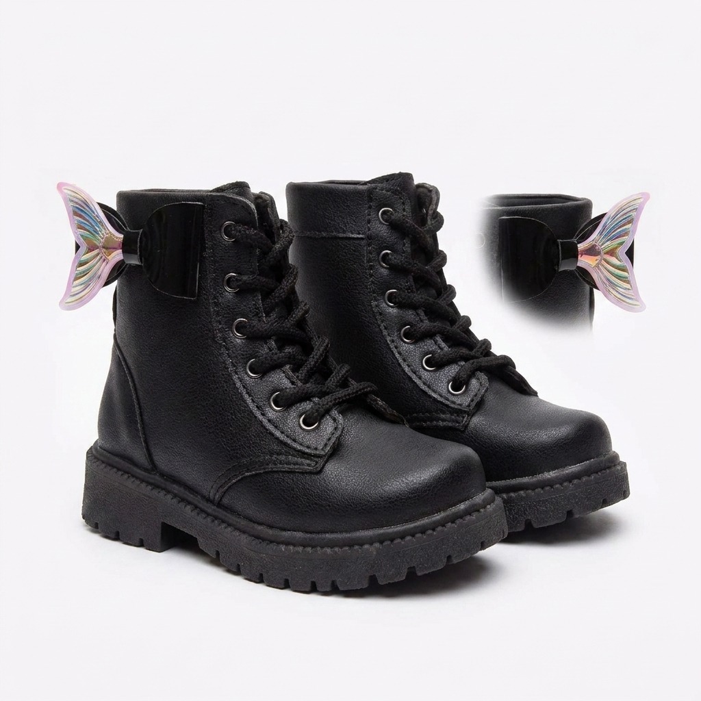 Bota Coturno Juvenil Estiloso Menina Cano Baixo Laço Cauda Sereia Outono Inverno Solami