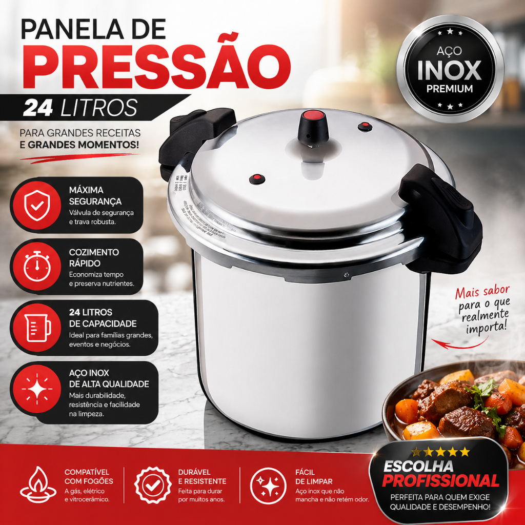 Panela Pressão Fechamento Externo 24 Litros Alumínio Válvula Segurança Cozimento Rápido Restaurante Hotel