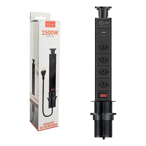 Torre de Tomada Retrátil para Embutir AL-1390 - 2500W 3 Tomadas NBR 2 USB 2 Type-C Cabo 1.5m