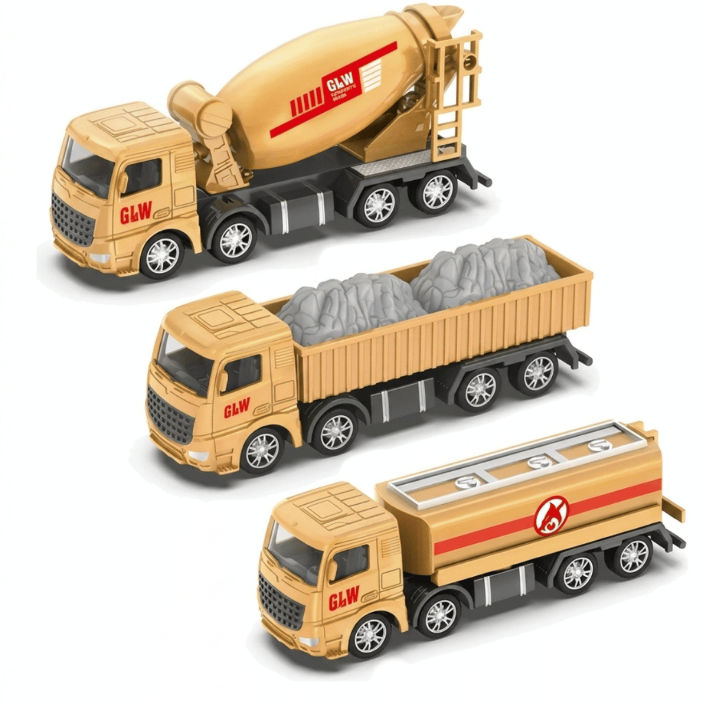 Kit 3 Caminhões de Construção Miniatura 1:50 (16cm) Realistas: Betoneira, Caçamba e Tanque
