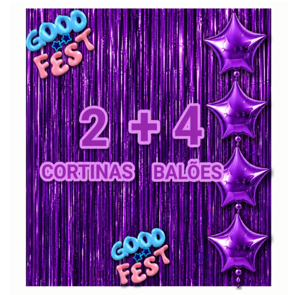 Kit 2 Cortinas Metalizada + 4 Balões Estrelas, Kit decoração, Festa, comemoração, adereços, 13 Cores