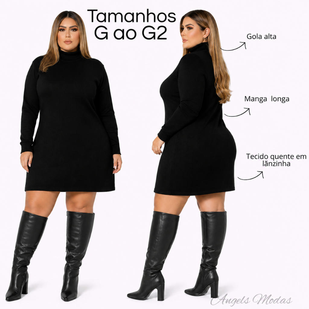 Vestido Feminino Plus Size  Inverno Gola Alta Manga Longa Lãzinha Confortável do G ao G2