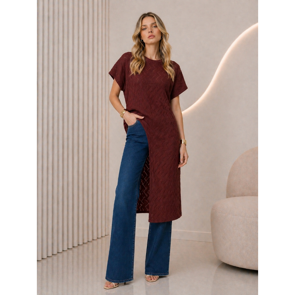 Bata Tricô Feminina Alongada Fenda Lateral Blusa Soltinha Casual Elegante Tendência Moda