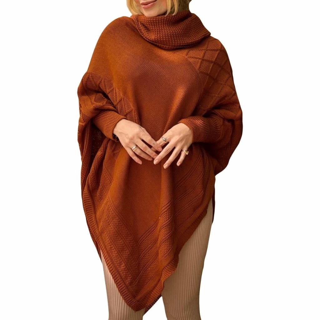 Poncho Tricô Moda Outono Inverno Gola Alta Feminino Kimono