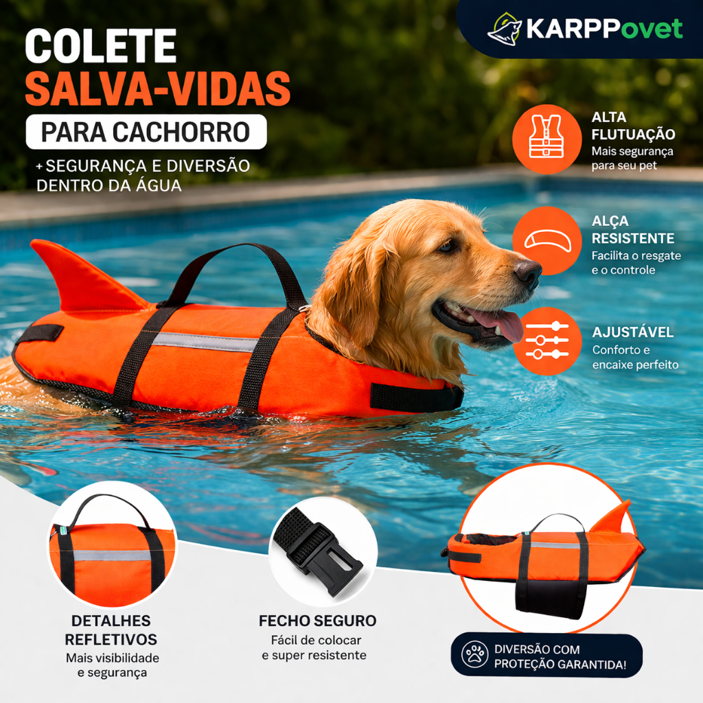 Colete Salva Vidas Cachorro Flutuante Ajustável Resistente Refletivo Karppovet Segurança Natação Praia Piscina Com Alça