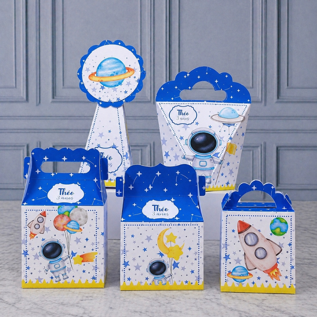 Kit Caixinhas Papelaria Personalizada Astronauta Lembrancinha Surpresa aniversário festa infantil Desmontado