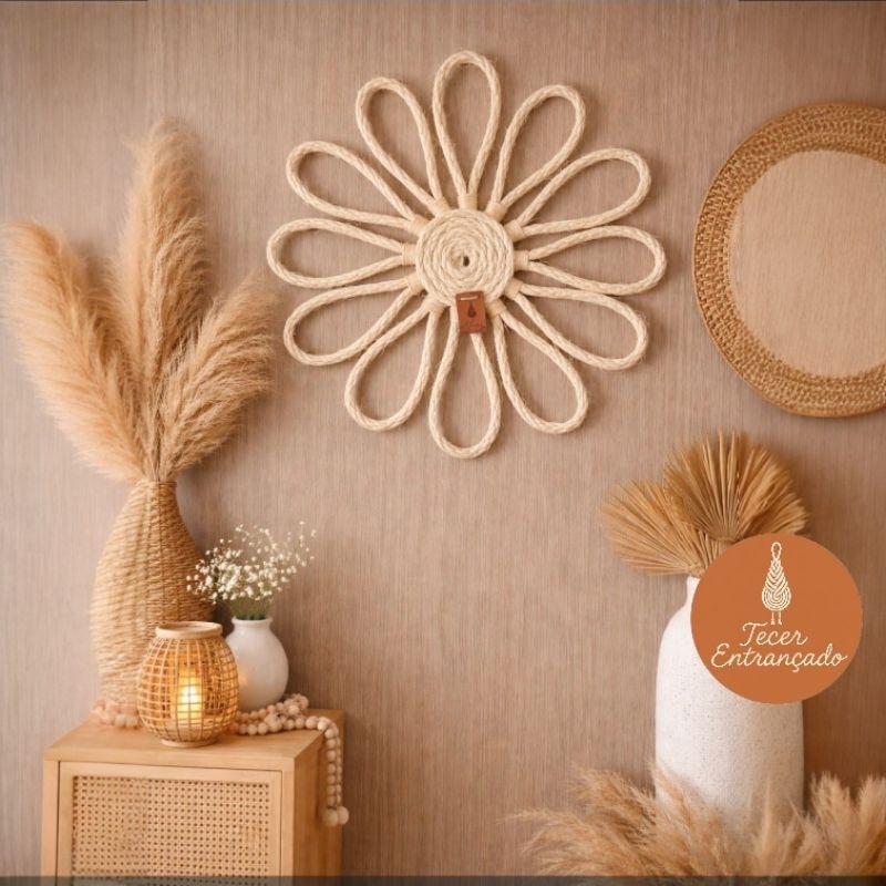 FLOR ALGODÃO decoração de parede rústica, decoração casa, decoração boho, enfeite sisal.