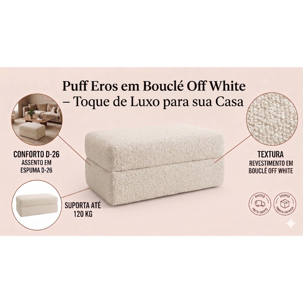 Puff Retangular Bouclé Off White 90cm | Banco Estofado Sala Quarto Premium