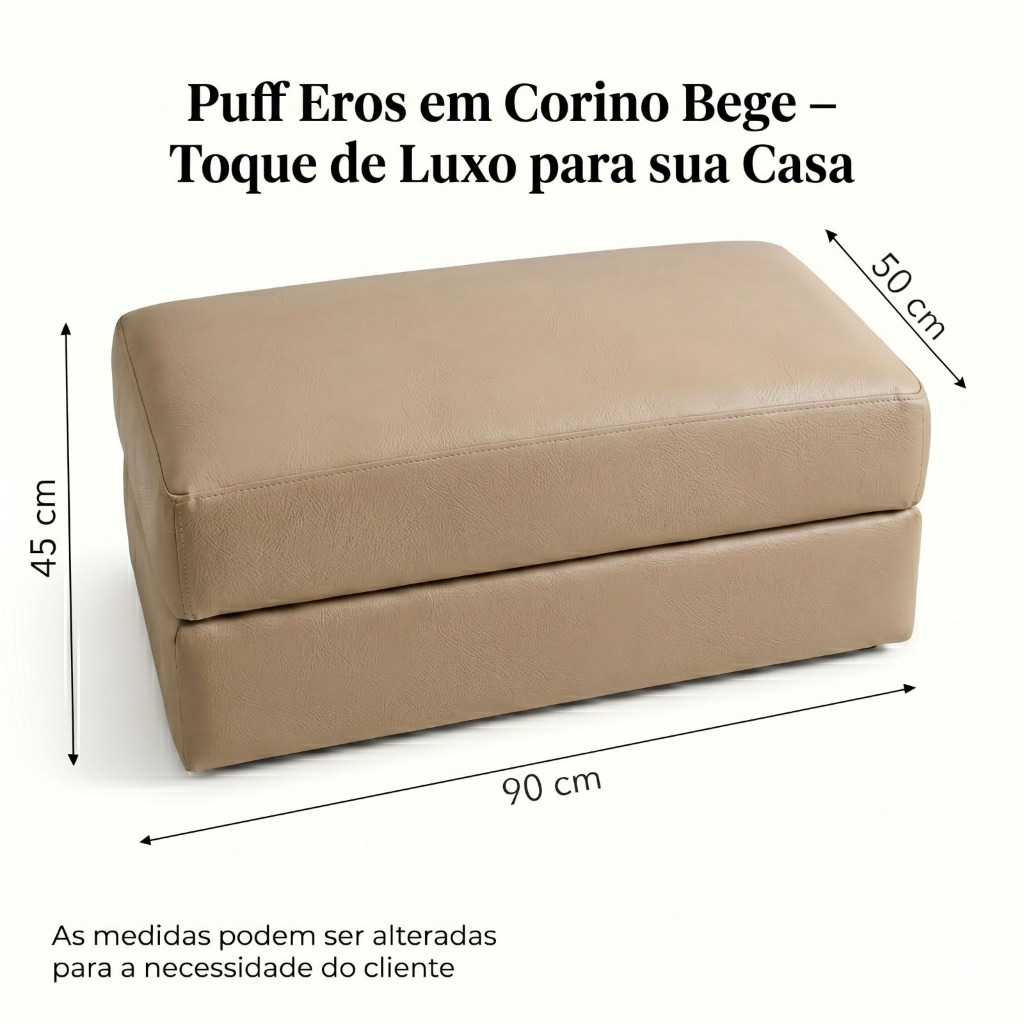 Puff Decorativo Corino Bege 90cm | Banco Estofado Moderno