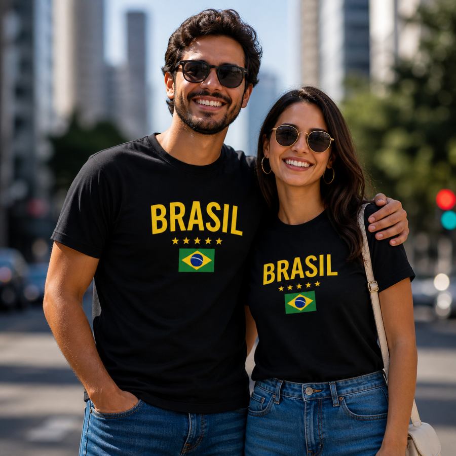Kit Casal Copa 2 Camiseta Brasil Estampada Estilosa Camisa Premium Alto Padrão Blusa 100% Algodão
