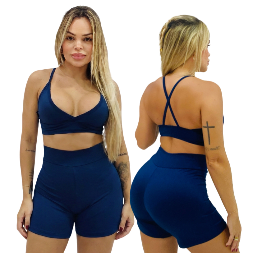 Conjunto Feminino Academia Top Decotado + Bermuda Zero Transparência Confortável