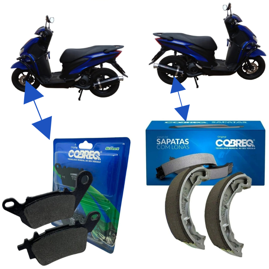 Pastilha Dianteira + Lona Patim Freio Traseiro Yamaha FLUO 125 2022 2023 2024 2025 2026 Kit Cobreq
