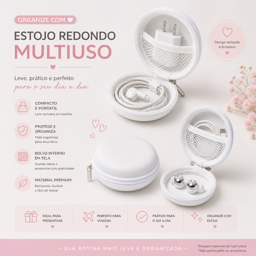 Estojo Redondo Porta Fone e Cabos Case Organizador Branco Compacto Portátil