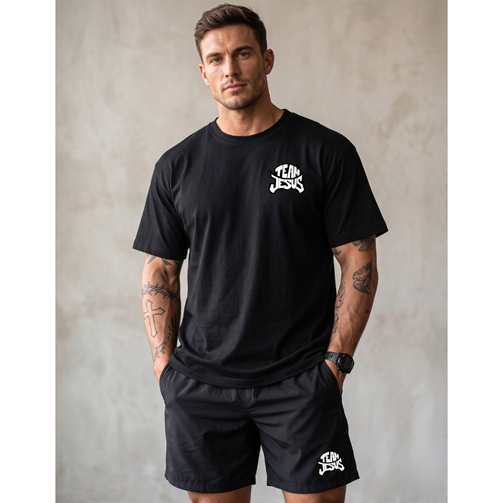 Conjunto Masculino Camiseta Algodao e Shorts Tactel Moda Cristã Evangelica  Team Jesus Estiloso Confortável Streetwear