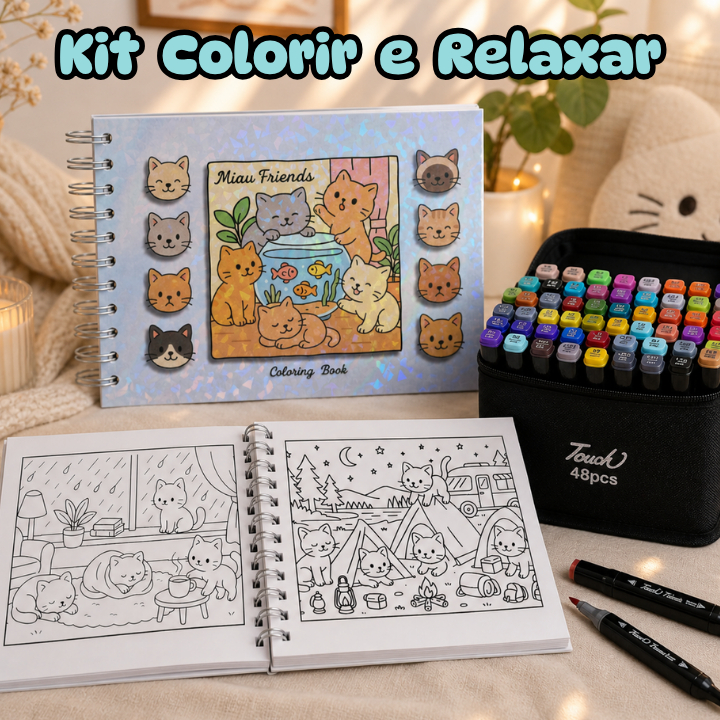 Kit Caderno para Colorir + 48 Canetinhas Touch | Pintura Relaxante Antiestresse Adulto e Infantil