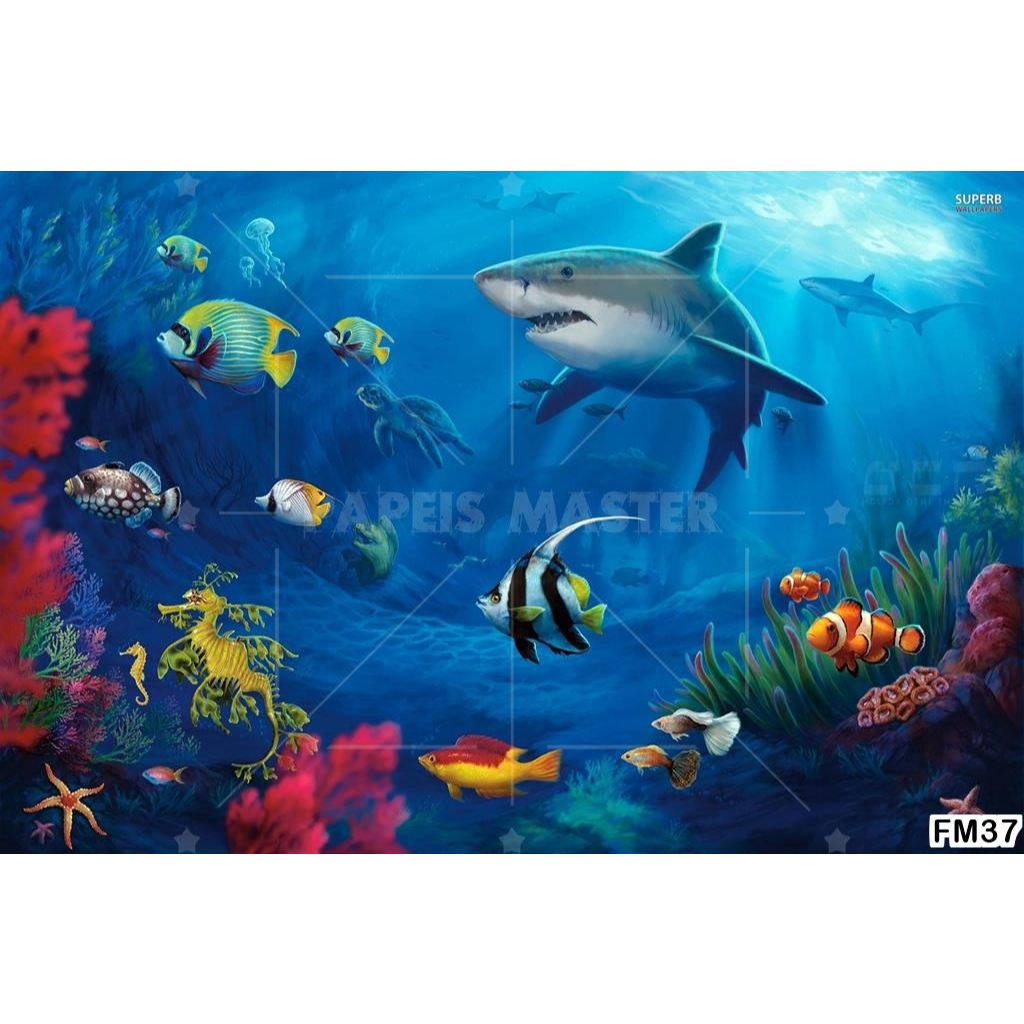 Papel de Parede Adesivo Decorativo Decoração Fundo do Mar Golfinho Peixes Tubarão Aquário FM37