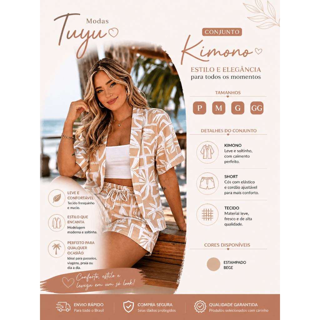 Conjunto Kimono Feminino Estampado Verão Look Pronto Leve e Confortável