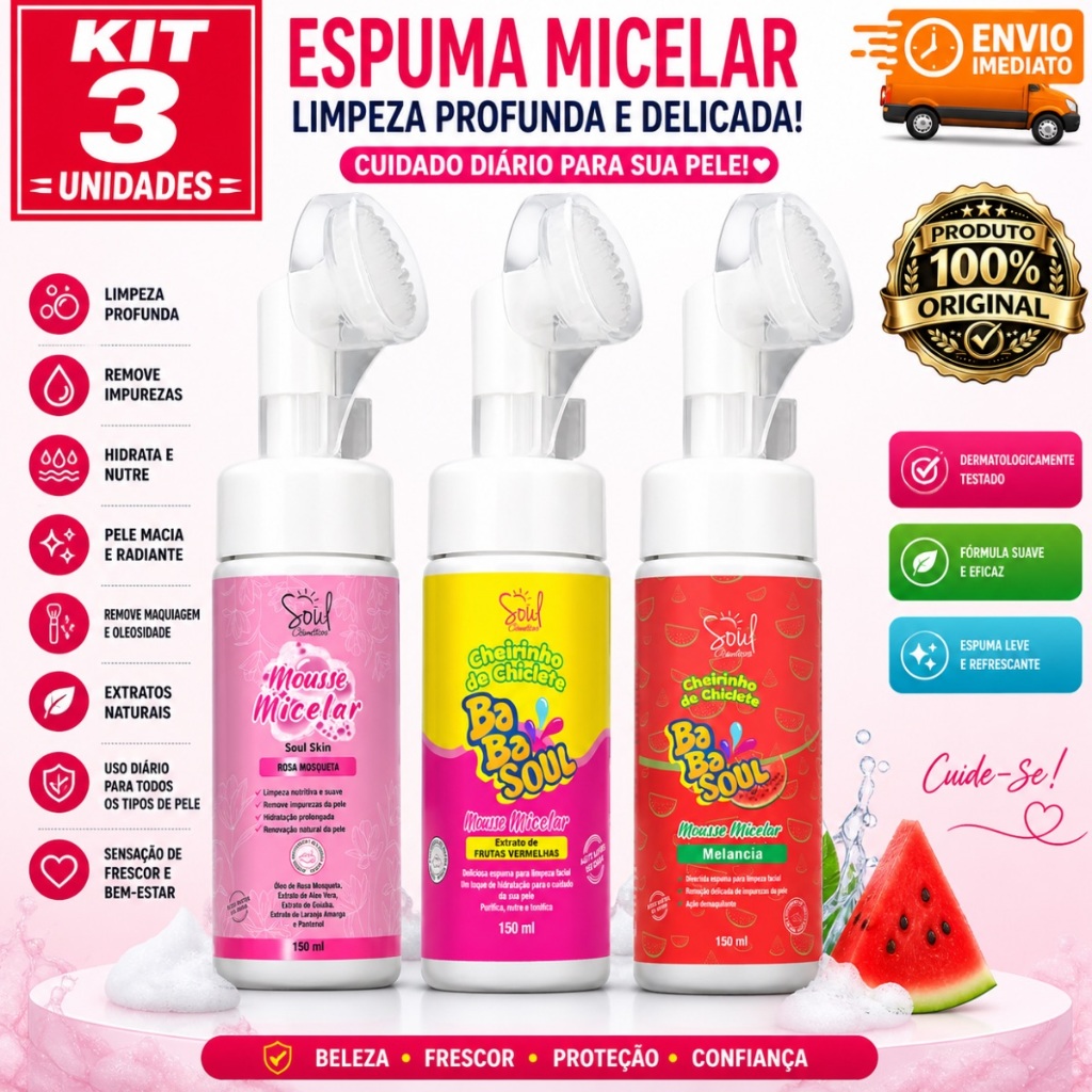 Kit 3 espuma micelar facial ,150 ML cada limpeza completa, hidratação profunda , remove maquiagem, envio imediado