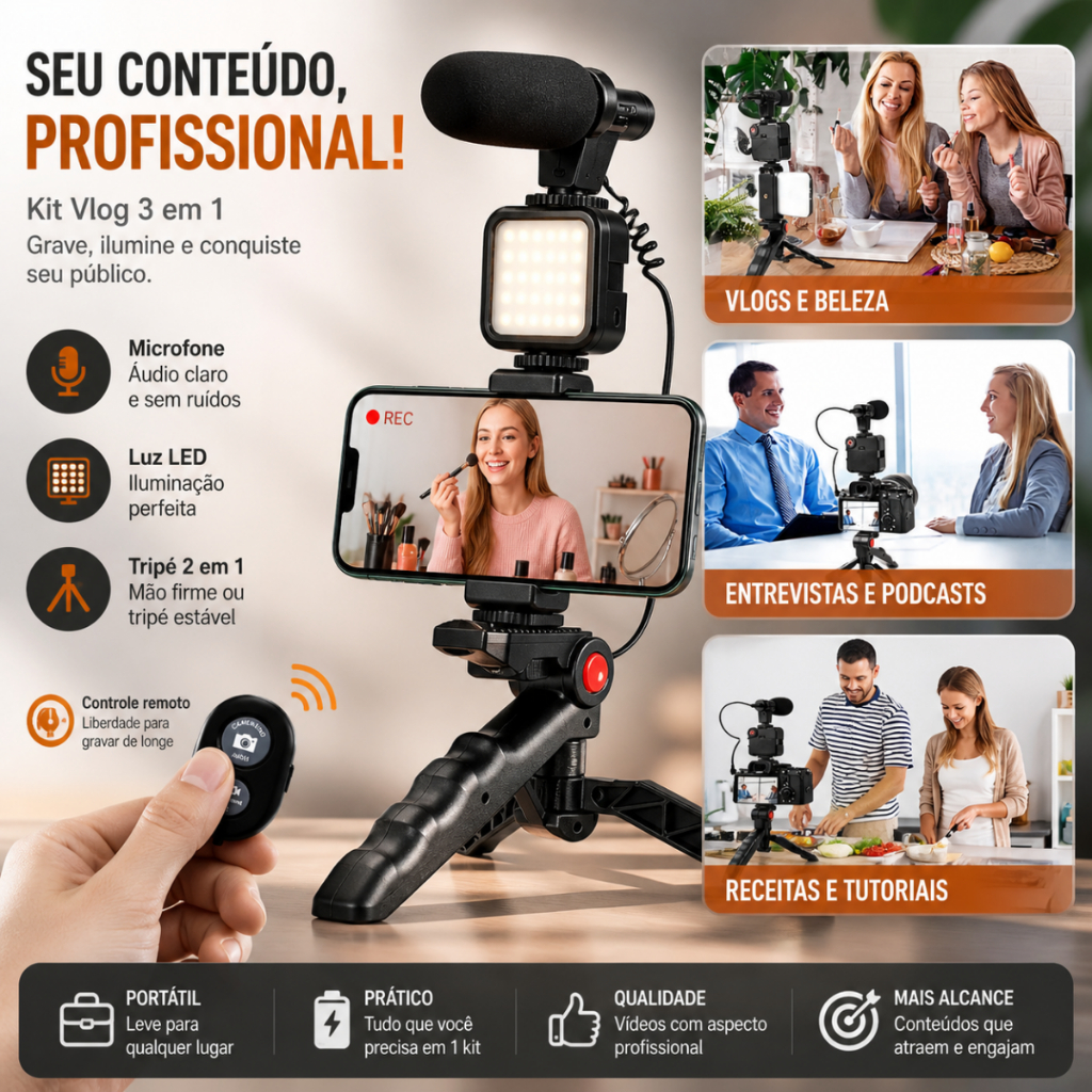 Kit Youtube Live Tripé Suporte para celular ring ligth luz Led Controle Microfone blogueira tiktok