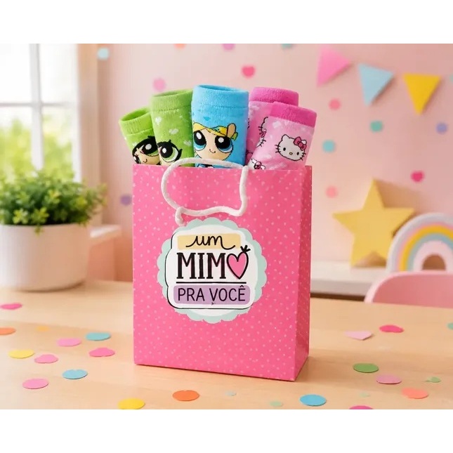 Kit 3 Meias Infantil Menina Estampadas + Sacola Presente - Mais vendido - Lindo presente