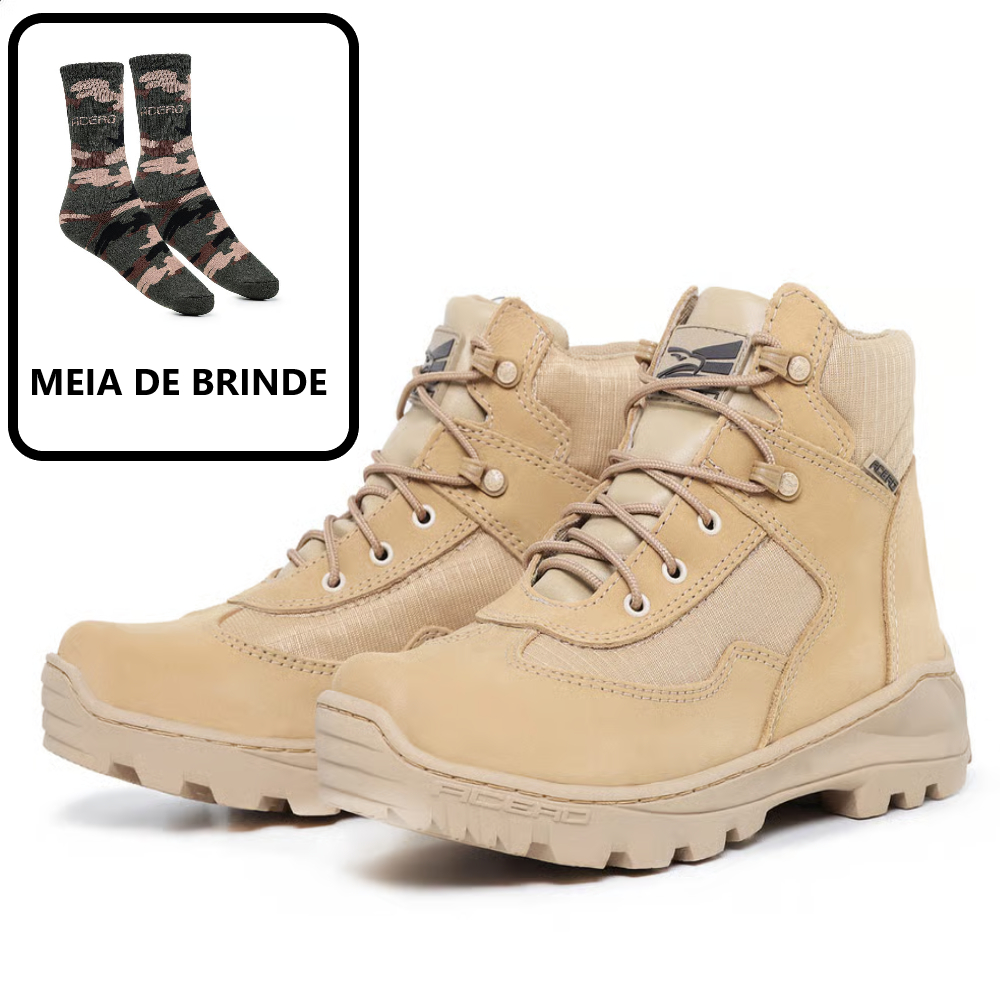 Bota Militar Couro Acero Colt Desert + 1 Par de Meia tática Camuflada