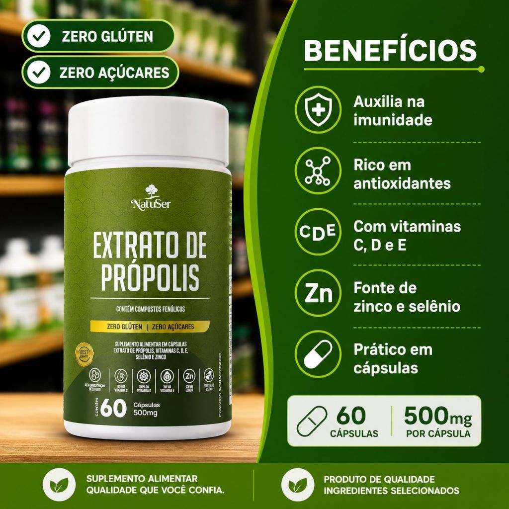 Extrato de Própolis em Cápsulas 500mg 60 Cápsulas com Vitaminas C D E Zinco e Selênio Zero Glúten Sem Açúcar