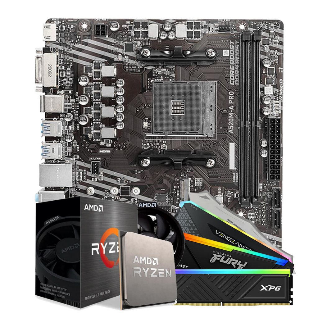KIT UPGRADE AMD RYZEN 5 5600GT, A520M DDR4, MEMORIA RAM DDR4, MONTADO E BIOS ATU