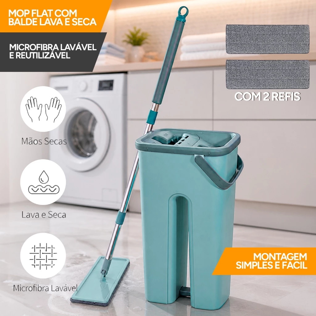 Mop Flat Lava e Seca com Balde Compacto e Refil Microfibra + 2 Refil — imagem 1