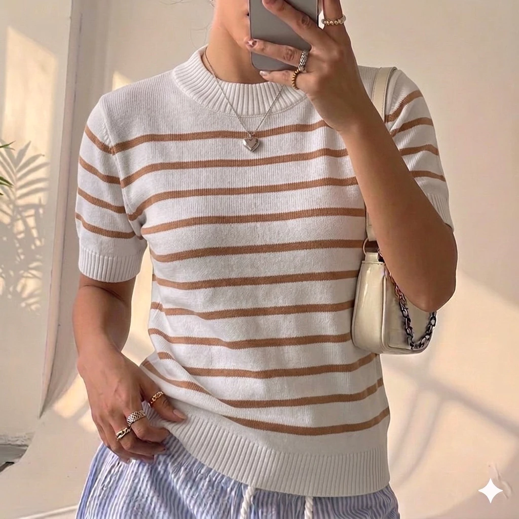 Camisa Listrada Manguinha Tricot Modal Premium Blusa Feminina Estilosa — imagem 1