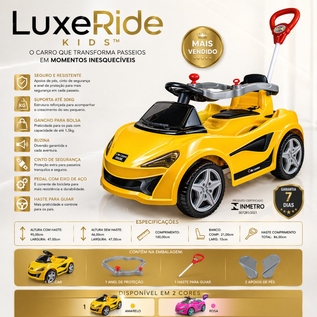 Carrinho de Passeio Infantil Amarelo MC Laram com Empurrador | Carro Brinquedo Criança Confortável