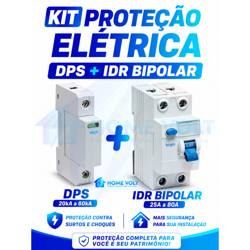 Kit DPS 20kA a 60kA + IDR Bipolar 25A a 80A Proteção Elétrica Residencial INMETRO Seguro Premium Pro