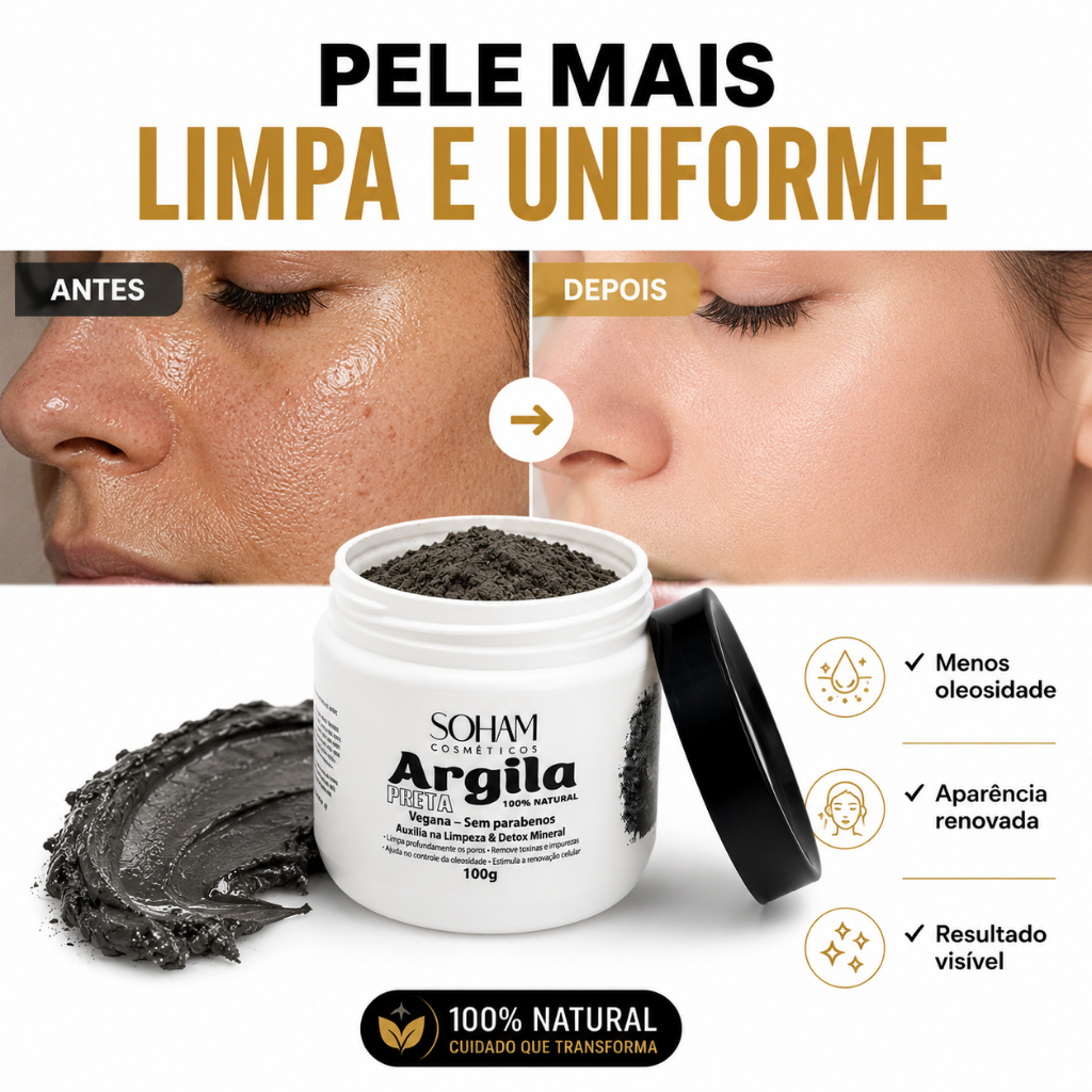 Argila Preta Facial Soham Controle de Brilho Cravos e Impurezas Efeito Detox Natural 100g