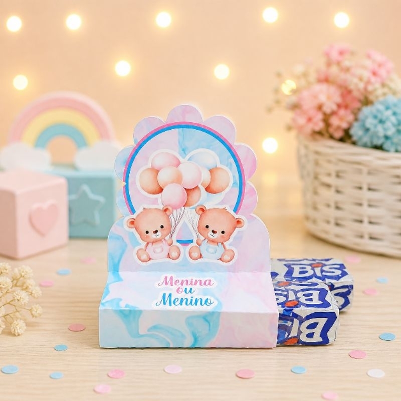 Porta Bis Ursinhos Rosa e Azul Chá Revelação Personalizado - Lembrancinha - Festa - Decoração - DESMONTADO