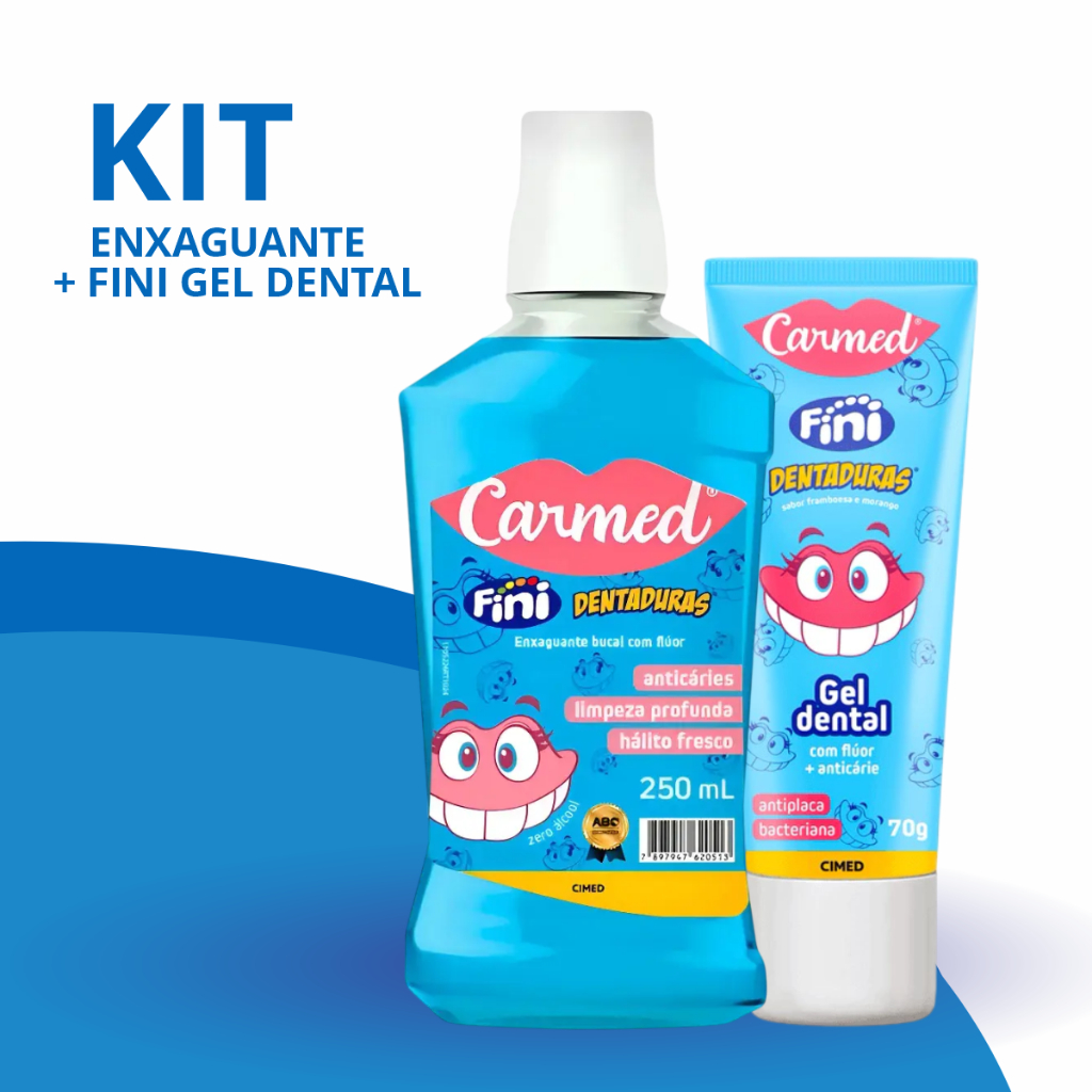 Kit Higiene Bucal Enxaguante Bucal Dentaduras Fini Gel Dental Carmed Sorriso Saudável e Protegido