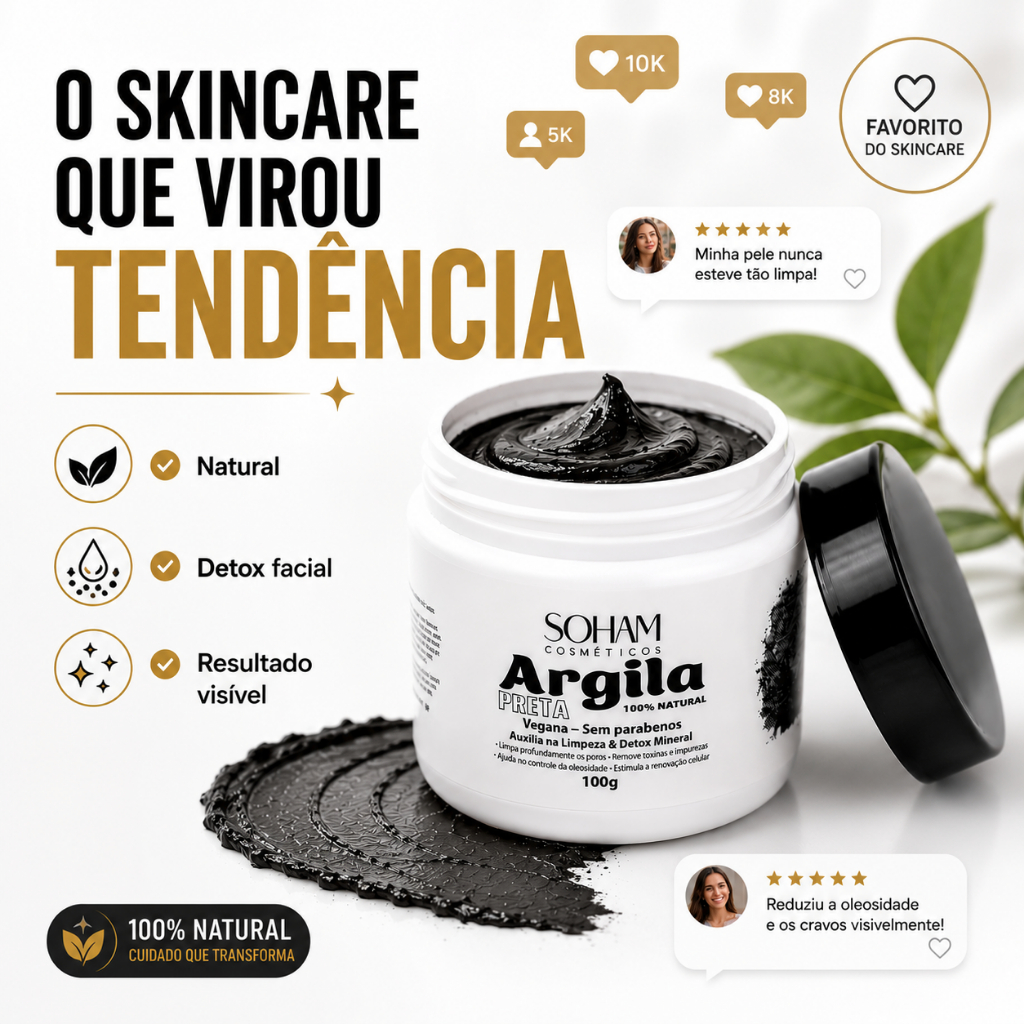 Argila Preta Facial Soham Controle de Brilho Cravos e Impurezas Detox Natural 100g