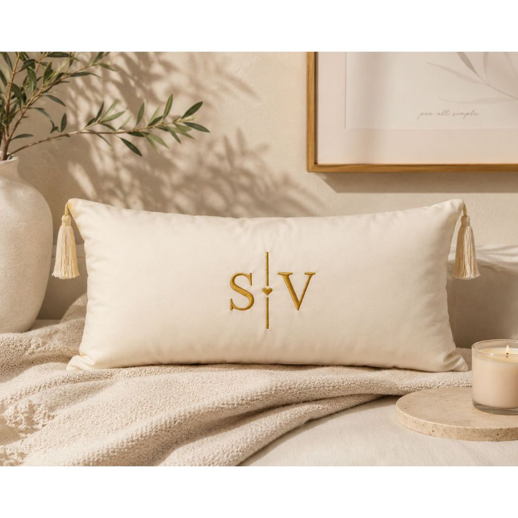✨ Almofada Baguete Bordada Inicial Casal CORAÇÃO Personalizada Decoração Cama Posta com Enchimento +Pingente  ✨