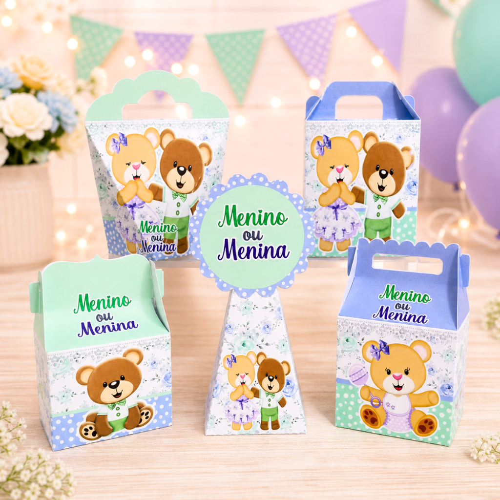 Kit Caixas Chá Revelação Ursinho Verde e Lilás (PEGUE E MONTE) -lembrancinha -aniversario -kit festa personalizados