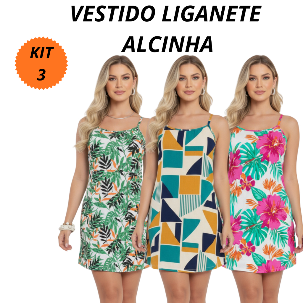 Kit 3 Vestidos Liganete Estampado Conforto e Estilo P ao GG Estampas e Cores Variadas