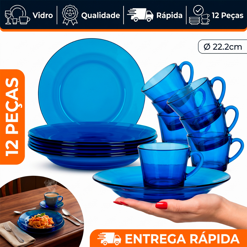 Promoção Kit jogo 12 peças sendo: 6 Pratos de vidro azul oceano fundo + 6 xicaras sino oceano 200ml