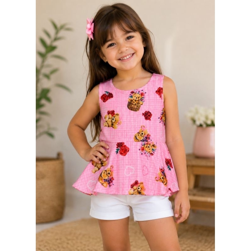 Blusa  Peplum Menina Moda Verão Laço Bico de Pato 2-8  Anos