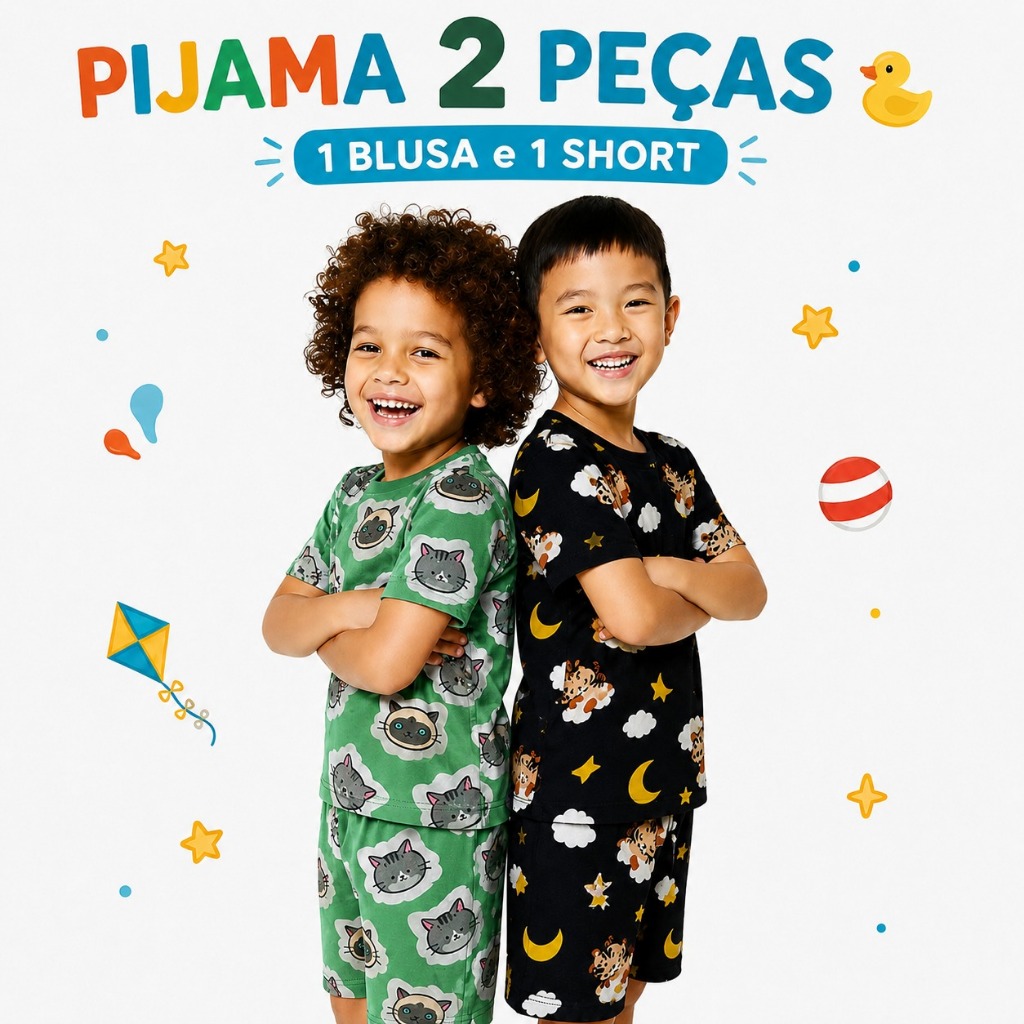 Conjunto 2 Peças Pijama Infantil Masculino Meia Manga Manga Curta Estampado Menino Short e Blusa