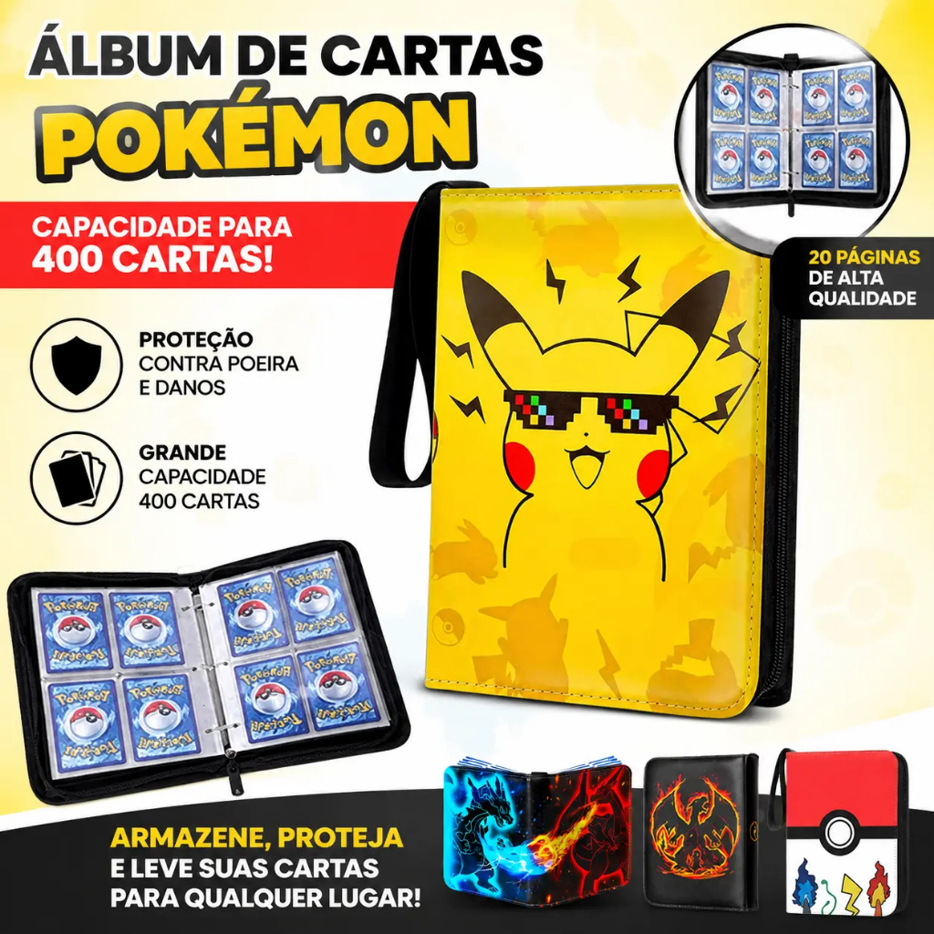 Álbum Fichário Pokémon com Zíper - Capa Dura para 400 Cartas e 50 Folhas Porta Cards TCG Pronta Entrega