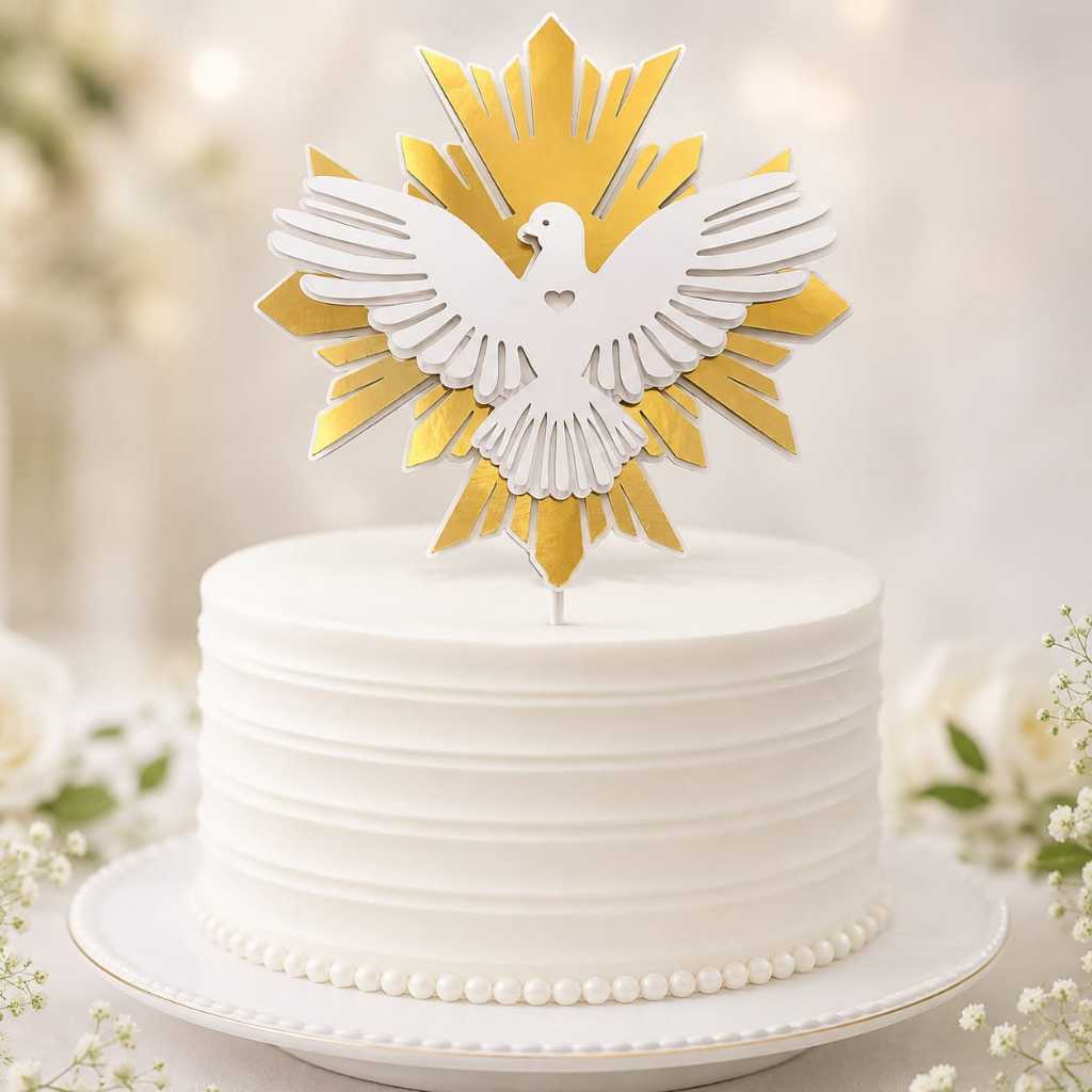 Topo de Bolo Divino Espírito Santo Dourado | Topper Batizado Crisma Primeira Comunhão Luxo
